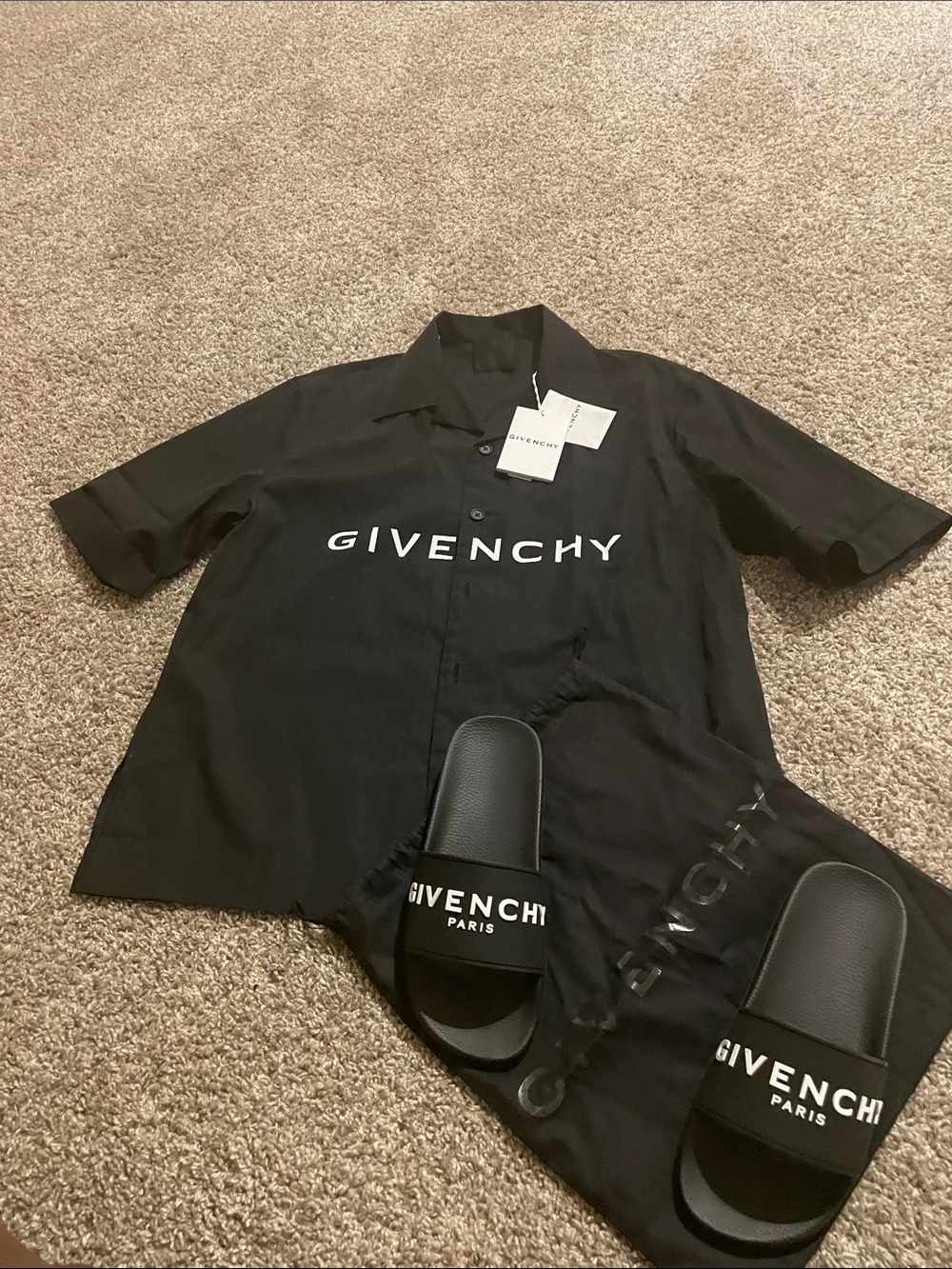 Authentic Givenchy Black Short-Sleeve Button-Down Shirt with White Logo